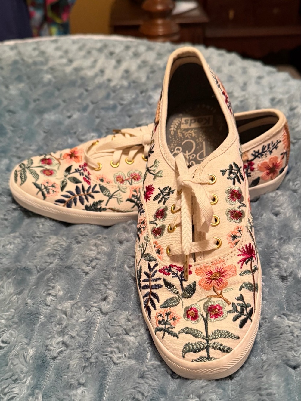 Keds Cream Canvas Sneakers with Multicolor Floral Embroidery